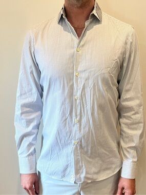 Emporio Armani Men's White and Light Blue Micro-Check Dress Shirt